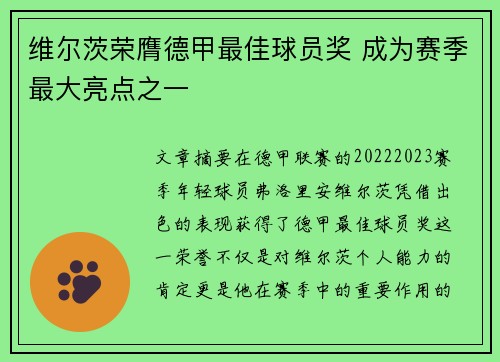 维尔茨荣膺德甲最佳球员奖 成为赛季最大亮点之一 维尔茨荣膺德甲最佳球员奖 成为赛季最大亮点之一